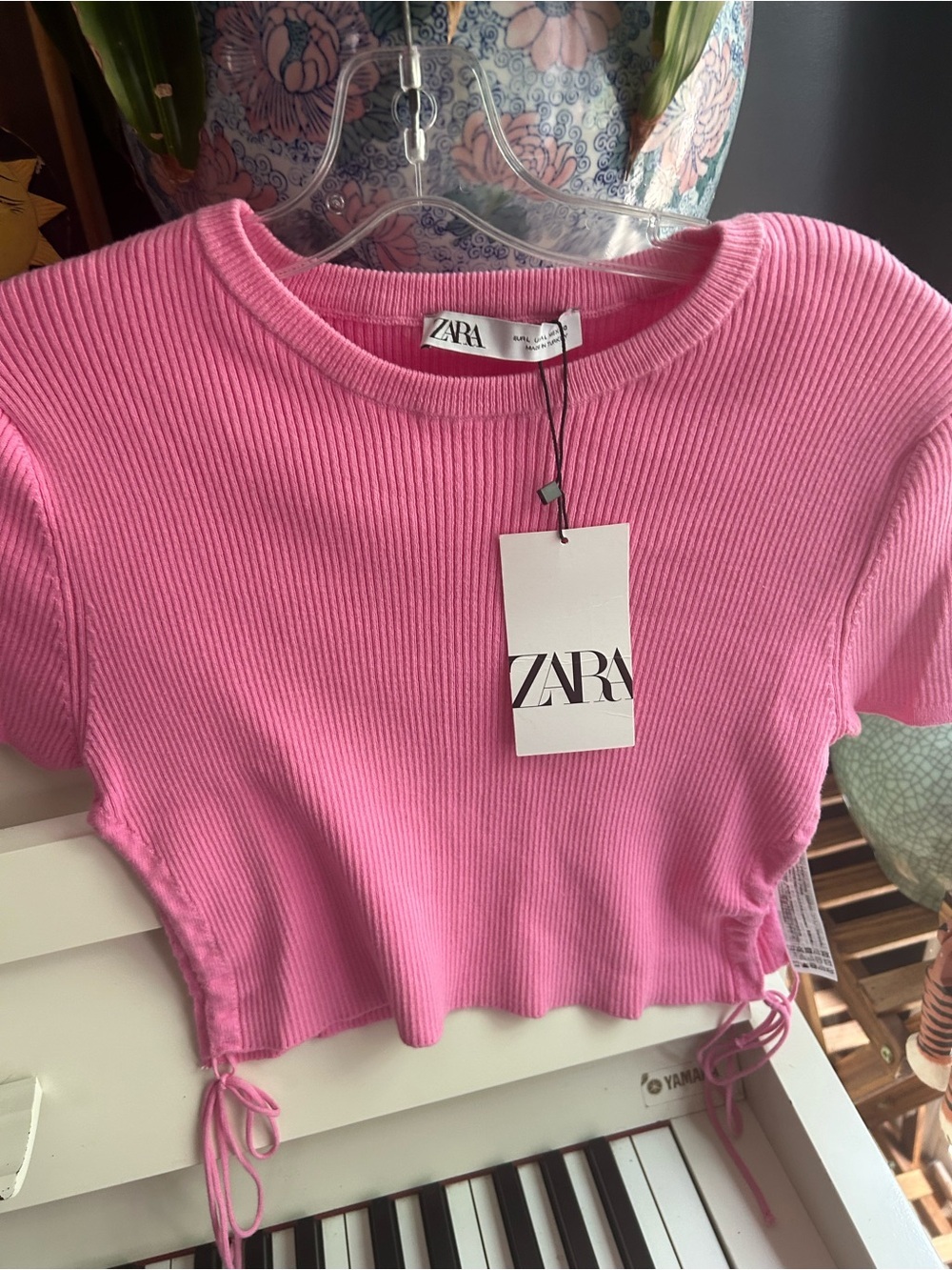 ZARA Hot Pink Ribbed Drawstring Crop Top Short Sleeve Y2K Women’s Small Tee - Picture 8 of 16
